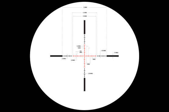 Subtensions and measurements for the Trijicon Credo 1-4x rifle scope's red illuminated MRAD ranging reticle.